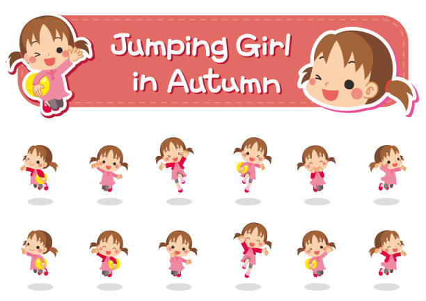 ilustrações de stock, clip art, desenhos animados e ícones de jumping little girl in autumn - pigtails ethnic little girls teenage girls