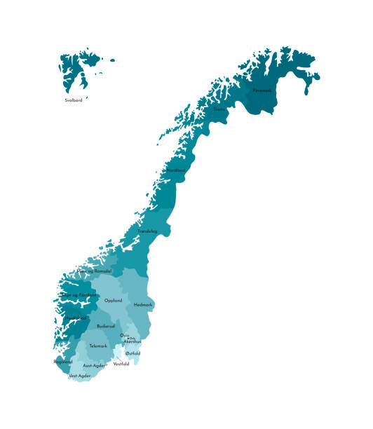 ilustraciones, imágenes clip art, dibujos animados e iconos de stock de ilustración aislada vectorial con mapa simplificado de noruega, siluetas azules de regiones. nombres de condados. fondo blanco - sogn og fjordane county