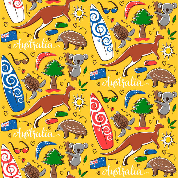 Seamless pattern with Australia symbols Seamless pattern with Australia symbols on a yellow background. echidna isolated stock illustrations