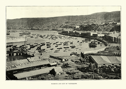 Vintage photograph of Harbour and city of Valparaiso, Chile, 19th Century