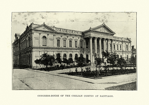 Vintage photograph of Congress Houuse of the Chilian Cortes at Santiago, 19th Century