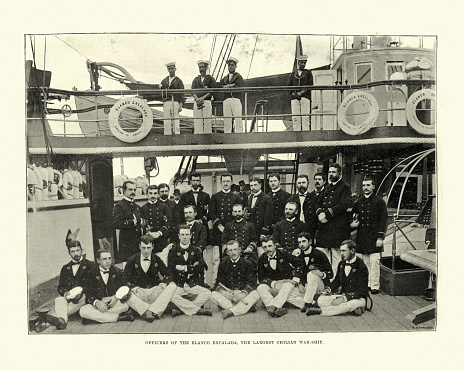 Vintage photograph of Officers of Chilean ironclad Blanco Encalada, 1891. Blanco Encalada was an armored frigate built by Earle's Shipbuilding Co. in England for the Chilean Navy in 1875. Blanco Encalada formed part of the congressional forces that brought down President José Manuel Balmaceda in the Chilean Civil War of 1891. She was sunk during that conflict on 23 April 1891, becoming the first warship to be sunk by a self-propelled torpedo.