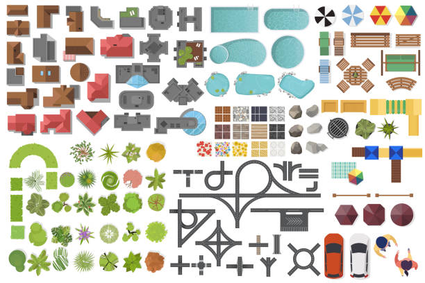 Set Landscape elements, top view. House, garden, tree, lake, swimming pools, bench, road, cars, people. Landscaping symbols set isolated on white Set Landscape elements, top view. House, garden, tree, lake, swimming pools, bench, road, cars, people. cityscape symbols stock illustrations