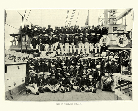 Vintage photograph of Crew of Chilean ironclad Blanco Encalada, 1891. Blanco Encalada was an armored frigate built by Earle's Shipbuilding Co. in England for the Chilean Navy in 1875. Blanco Encalada formed part of the congressional forces that brought down President José Manuel Balmaceda in the Chilean Civil War of 1891. She was sunk during that conflict on 23 April 1891, becoming the first warship to be sunk by a self-propelled torpedo.