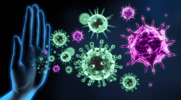 illustration of immune system defence concept - influenza a virus imagens e fotografias de stock