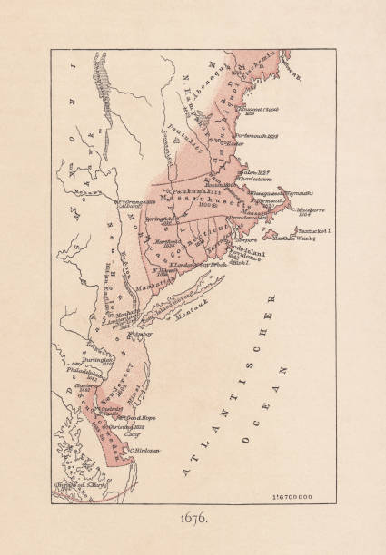 illustrazioni stock, clip art, cartoni animati e icone di tendenza di mappa della colonia della baia del massachusetts nel 1676, litografia, 1876 - colony