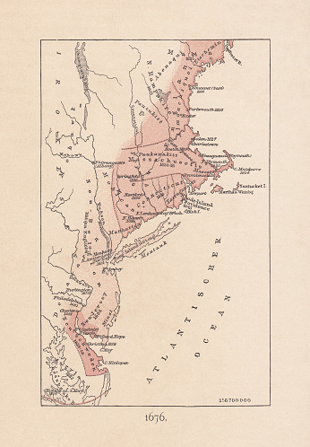 Historical map of the Massachusetts Bay Colony in 1676. Lithograph, published in 1876.