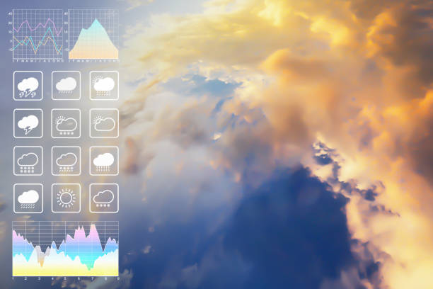 istock Weather forecast symbol data presentation with graph and char of dramatic atmosphere panorama view of beautiful twilight sky and clouds in summer. 1171707050