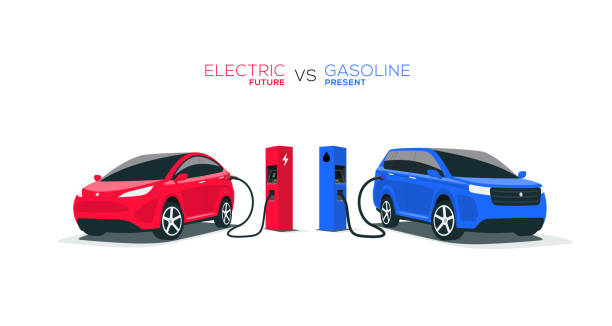 Electric Car Versus Gasoline Car Fuel Fight Isolated Comparing electric versus gasoline diesel car suv. Electric car charging at charger stand vs. fossil car refueling petrol gas station. Front perspective view. Isolated on white background. sports utility vehicle illustrations stock illustrations