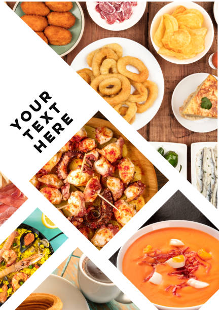 Spanish Food Collage with a place for text or logo Spanish Food Collage with a place for text or logo recipe photos stock pictures, royalty-free photos & images