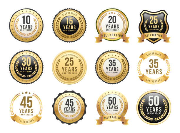 Anniversary Gold Badge Set Vector illustration of the anniversary gold badge set gold metal symbols stock illustrations