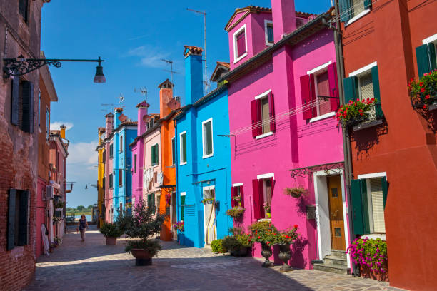 이탈리아 부라노 섬의 아름다운 멀티 컬러 하우스 - venetian lagoon italy flower shutter 뉴스 사진 이미지