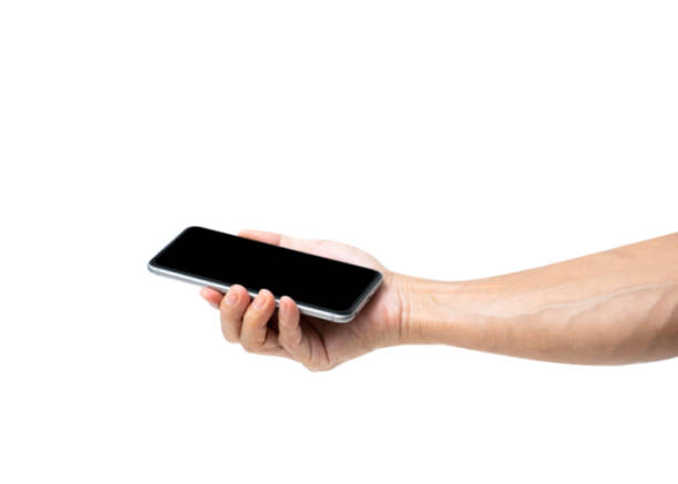 istock Man hand holding black smartphone isolated on white background, clipping path 1171714340