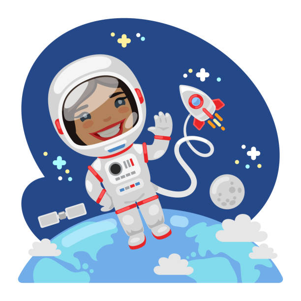 ilustrações de stock, clip art, desenhos animados e ícones de cartoon astronaut in outer space - spacewoman
