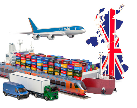 Cargo shipping and freight transportation in Great Britain by ship, airplane, train, truck and van. 3D rendering isolated on white background