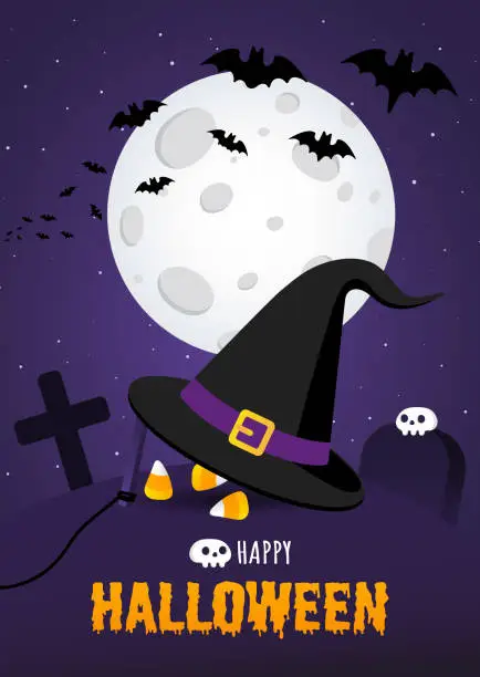 Vector illustration of Happy halloween poster with big witch hat and candy on the grave ground flat style design vector illustration isolated on dark background. Text happy halloween with skull.