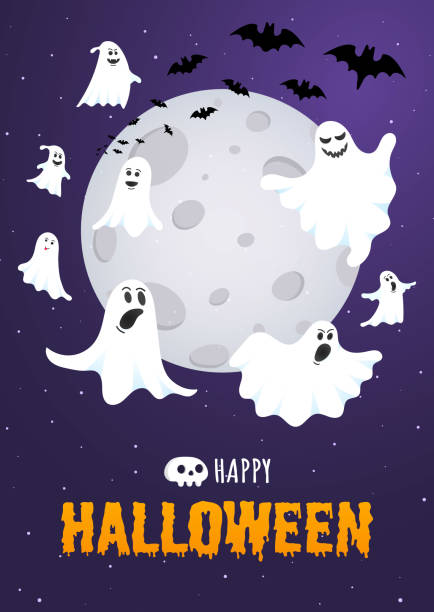 istock Happy Halloween text postcard banner with ghosts scary face, night sky, moon, flying bats and text happy halloween isolated on dark background flat style design. 1171718369