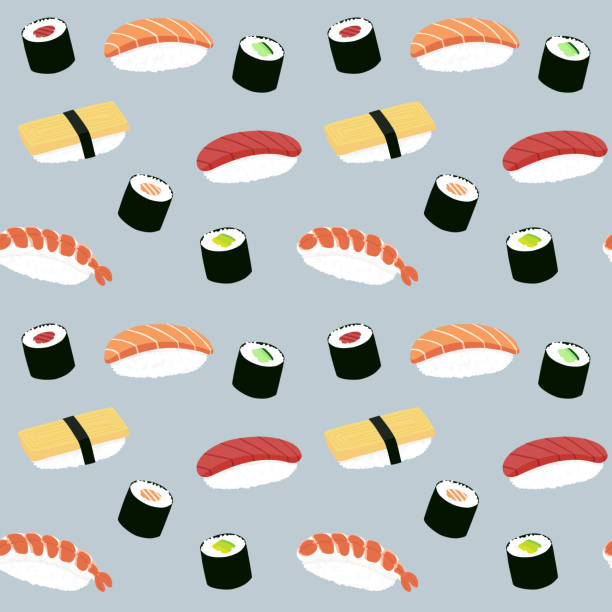 ilustraciones, imágenes clip art, dibujos animados e iconos de stock de patrón de ilustración de sushi de maki y nigiri sin costuras, fondo azul - rollo de pepino