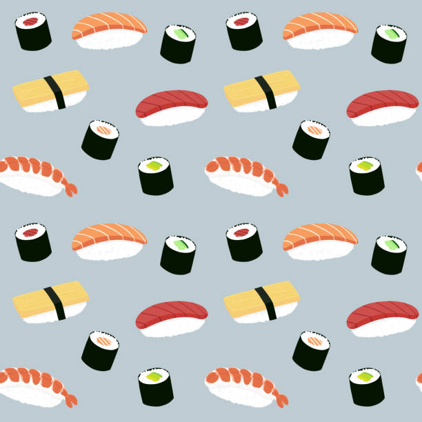 illustrations, cliparts, dessins animés et icônes de modèle d'illustration de sushi de maki et de nigiri sans couture, fond bleu - tuna food seafood japanese culture