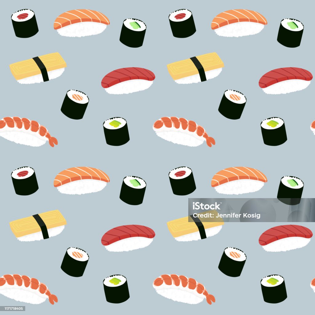 Seamless Maki And Nigiri Sushi Illustration Pattern Blue Background ...
