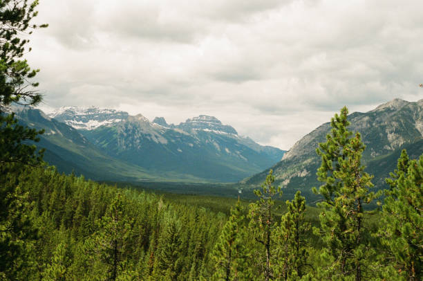 Mountains in landscape in Banff National Park in Alberta Canada, shot on film