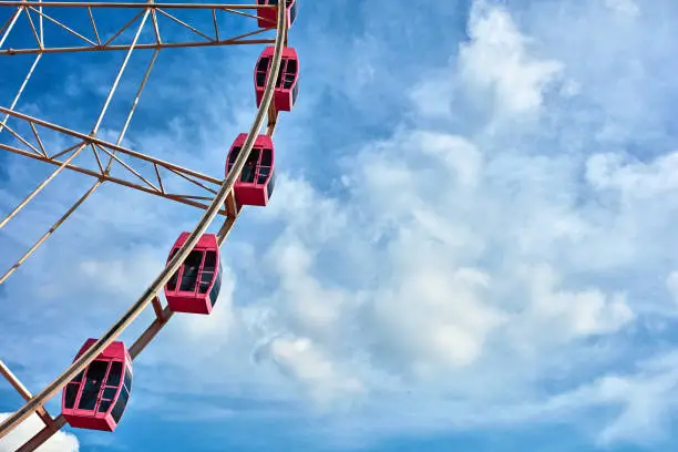 The pink ferris wheel against blue sky background，The blue sky and white clouds。Details of the ferris wheel