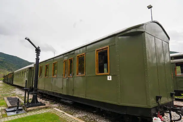 Train compozizion of  narrow gauge railway called Sargan Eight at Mokra Gora station in Serbia. It is scenic journeys where train rise upon the hills in the convoluted circles in the shape of number eight.