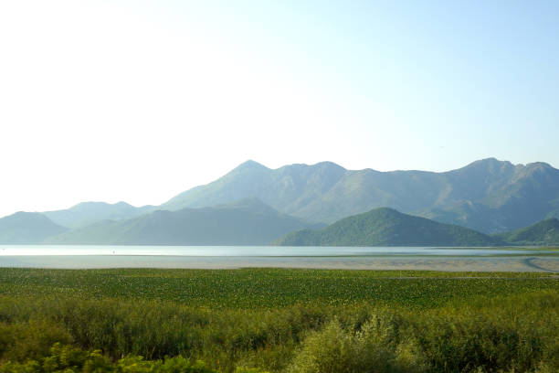 Bright aerial photo of a mountain lake with multiple small islands and peninsulas. Clear blue water surrounded by green hills and rocky terrain. Scenic natural landscape from above.