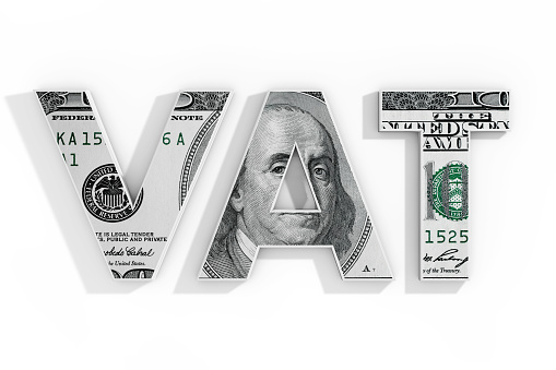VAT Concept. Word VAT Written with Dollar Bill on a white background. 3d Rendering