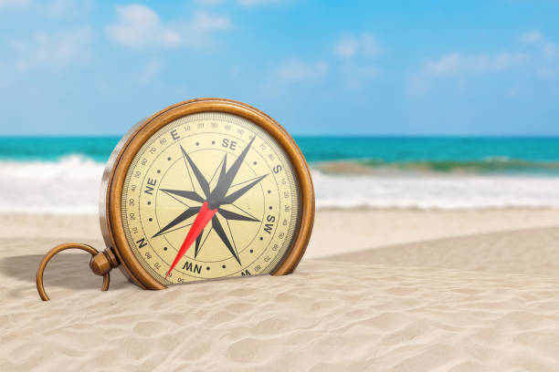 istock Glossy Bronze Vintage Compass with Windrose on an Ocean Deserted Coast. 3d Rendering 1171721667