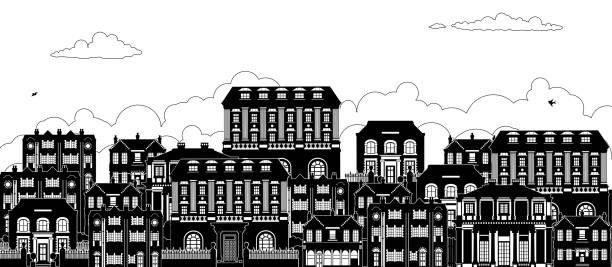 Houses Victorian Georgian Silhouettes Row Street A street with a row of houses in Victorian, Georgian and Edwardian styles in silhouette victorian house stock illustrations