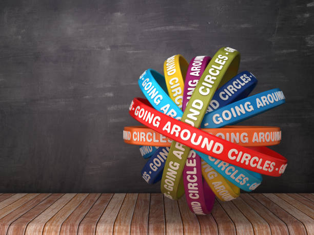 istock Circular Ribbons with GOING AROUND CIRCLES Phrase on Chalkboard Background - 3D Rendering 1171724295