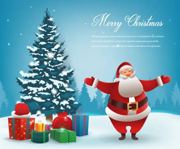 Vector illustration of Santa Claus with Christmas tree. Merry Christmas and Happy New Year. Vector