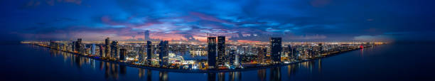 aerial twilight panorama miami dade sunny isles beach fl usa - florida weather urban scene dramatic sky imagens e fotografias de stock