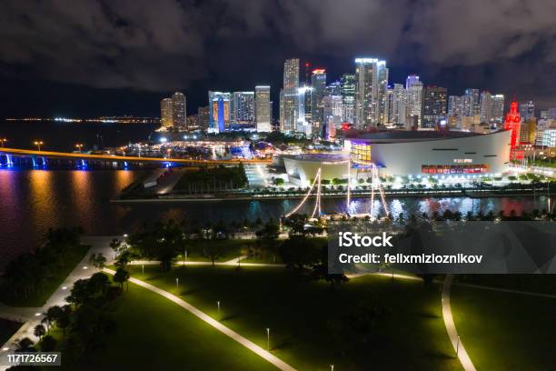 Night Aerial Miami American Airlines Arena And Museum Park Stock Photo - Download Image Now