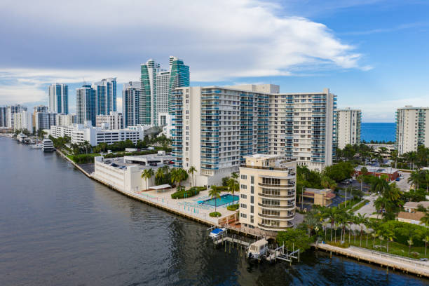 Hollywood Beach Florida condominium apartment buildings by Intracoastal Waterway aerial drone shot Hollywood Beach Florida condominium apartment buildings by Intracoastal Waterway aerial drone shot hollywood florida photos stock pictures, royalty-free photos & images