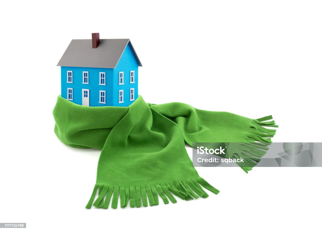 Blue house wrapped in a scarf isolated on white Scarf Stock Photo