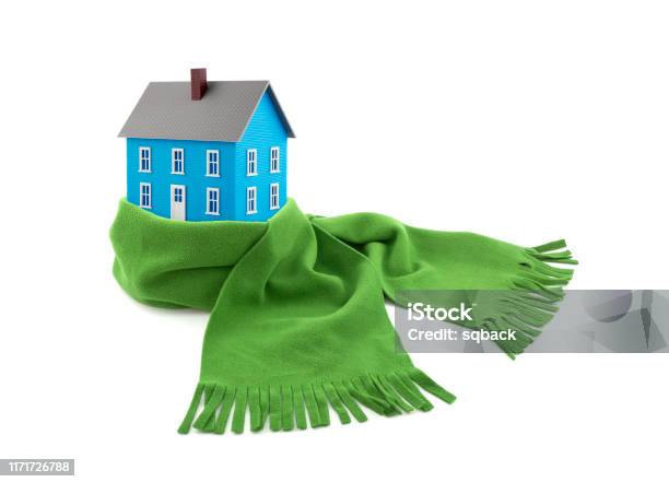 Blue House Wrapped In A Scarf Isolated On White Stock Photo - Download Image Now - Scarf, Residential Building, Wrapped