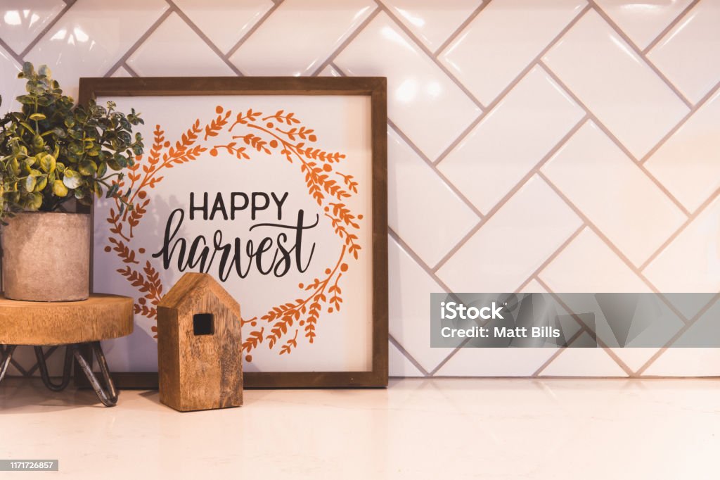 Counter Backdrop Fall Fall Interior Decor On White Counter With White Tile Background Stock ...