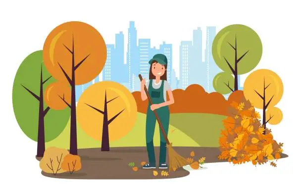 Vector illustration of Street Cleaner Character Sweeping Leaves in Park.