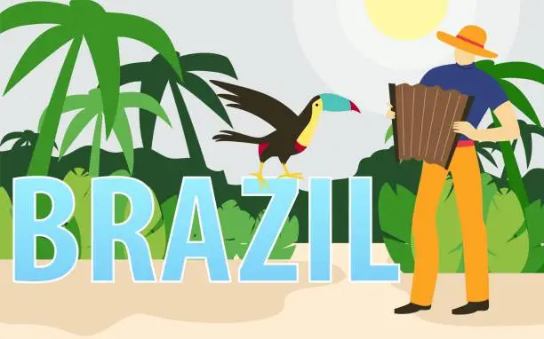 Vector illustration of Accordion Musician with Parrot and Palms Brazil.