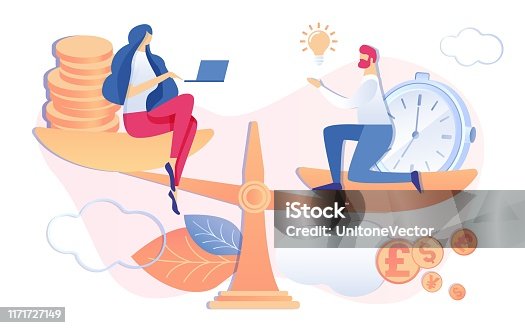 istock Cartoon People on Scales Time is Money Concept 1171727149