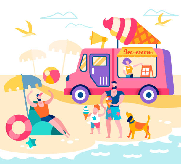 счастливая семья отца и сына, отдыхающих на пляже - cartoon umbrella dog care stock illustrations