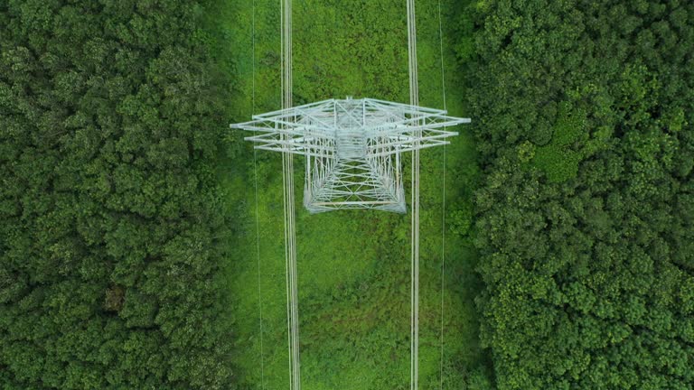 Top view electricity pylons in the rural scene