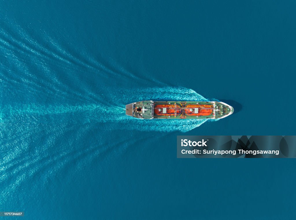 Aerial top view Oil ship tanker carier oil from refinery on the sea. Ship Stock Photo