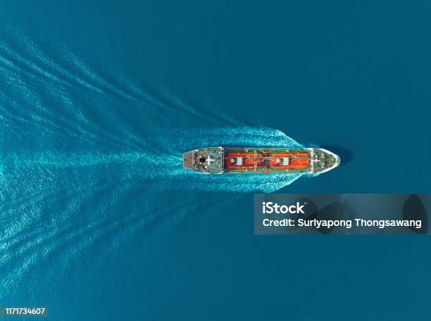 Aerial Top View Oil Ship Tanker Carier Oil From Refinery On The Sea Stock Photo - Download Image Now