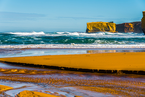 Sherbrooke river meets the sea, Port Campbell National Park, Great Ocean Road, Victoria, Australia