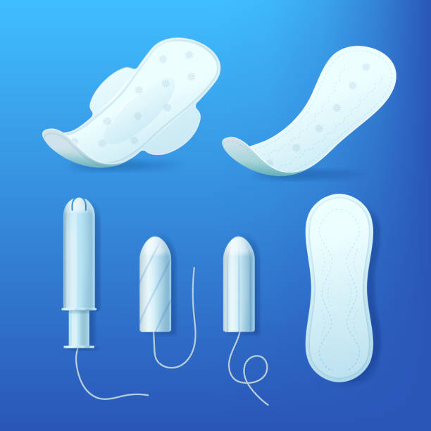 Realistic 3d Detailed Feminine Hygiene Products Set. Vector Realistic 3d Detailed Feminine Hygiene Products Set Include of Tampon with Applicator and Sanitary Napkin. Vector illustration padding stock illustrations