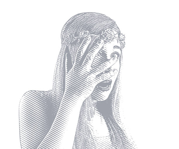 ilustrações de stock, clip art, desenhos animados e ícones de young woman peeking through fingers with shocked expression - white background distraught worried close up