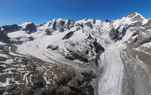 Wide angle aerial panorama of Morteratsch Glacier from Diavolezza mountain viewpoint in Bernina Range of the Bundner Alps, in Graubunden, Switzerland. Aerial panorama of Morteratsch Glacier, Switzerland graubunden canton stock pictures, royalty-free photos & images